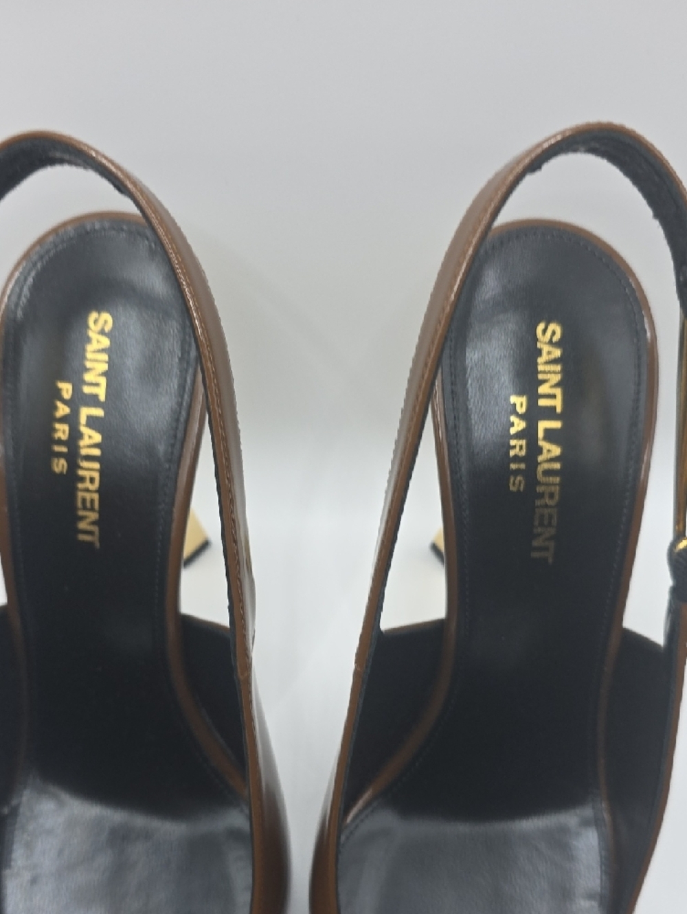 Saint Laurent Brown Patent Leather Slingback Heels with Gold Accent - Picture 8 of 16